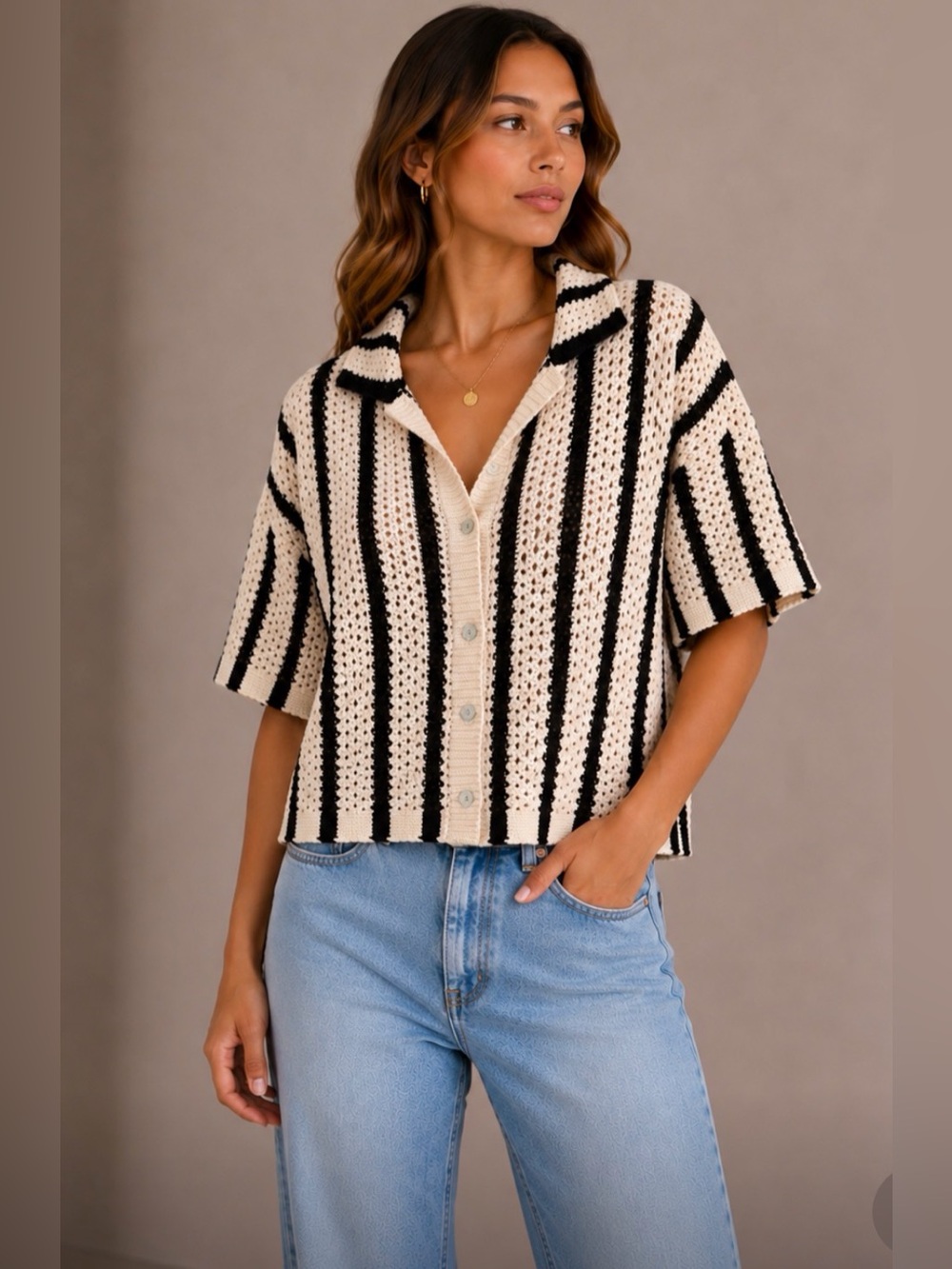 saltwater LUXE Black and Cream Striped Crochet Polo Cardigan small‎